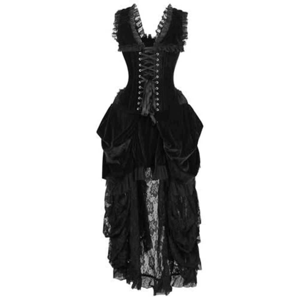 9783 Top Drawer Steel Boned Black Velvet Victorian Bustle Corset Dress - Picture 3 of 3
